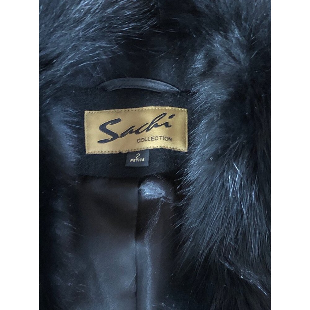 Sachi Coat Long Black Wool Cashmere Womens 2P Fox Fur Button Elegant Seams - Picture 8 of 16